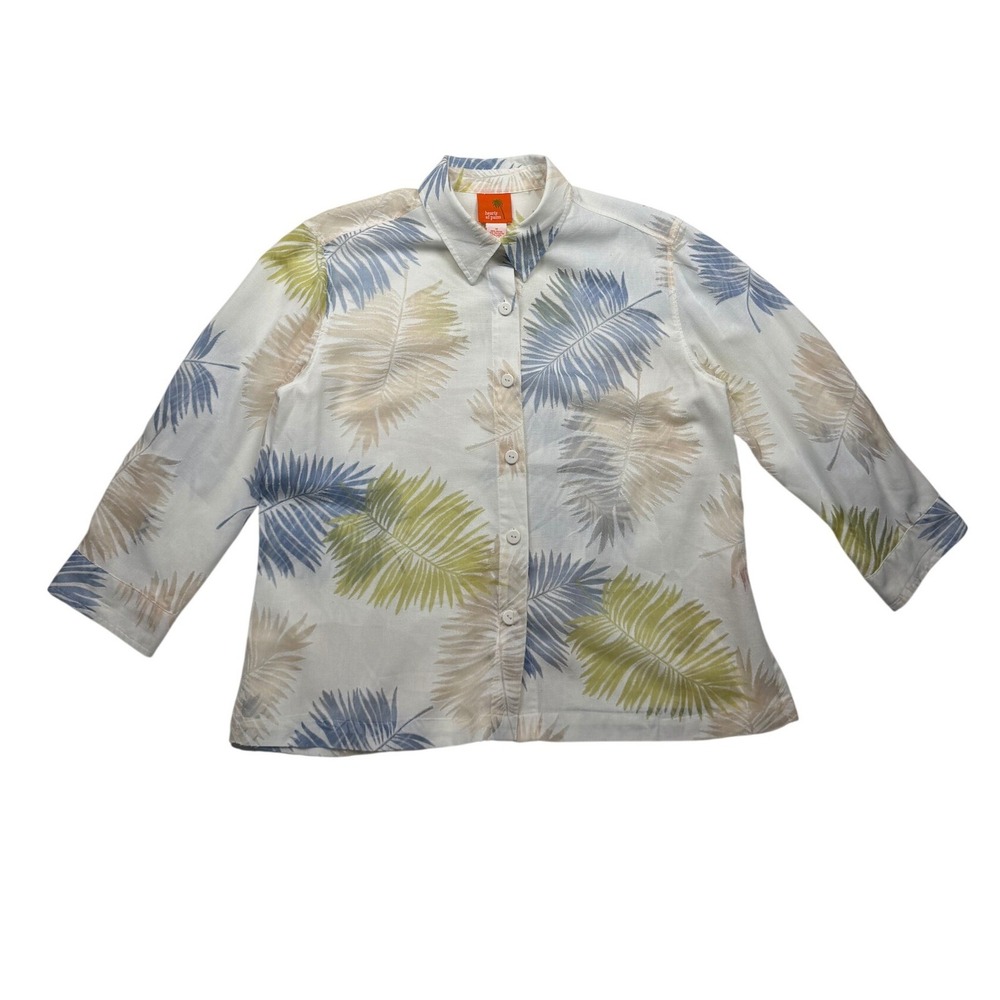 Hearts of Palm Palm Leaf Print Linen Blend Sheer Button Front Shirt Size 12